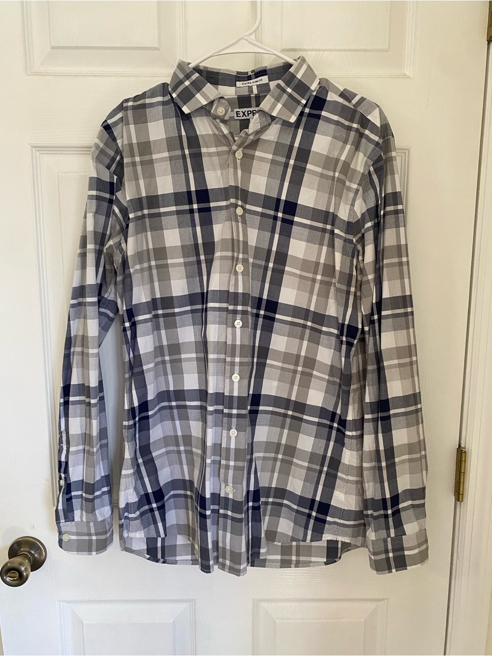 Express Extra Slim Fit Men’s Navy & Gray Plaid Button-Down Shirt in Large